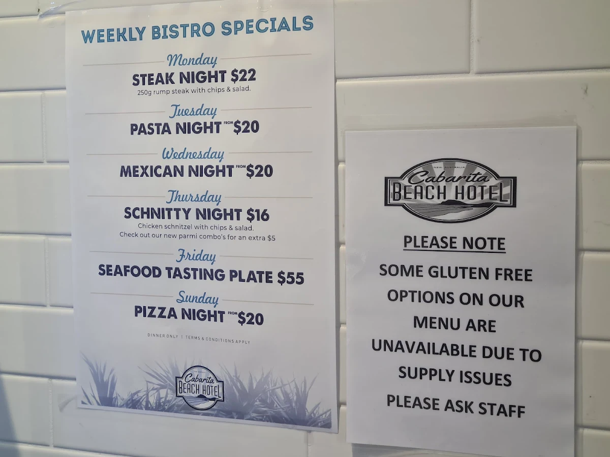 Menu, Cabarita Beach Hotel