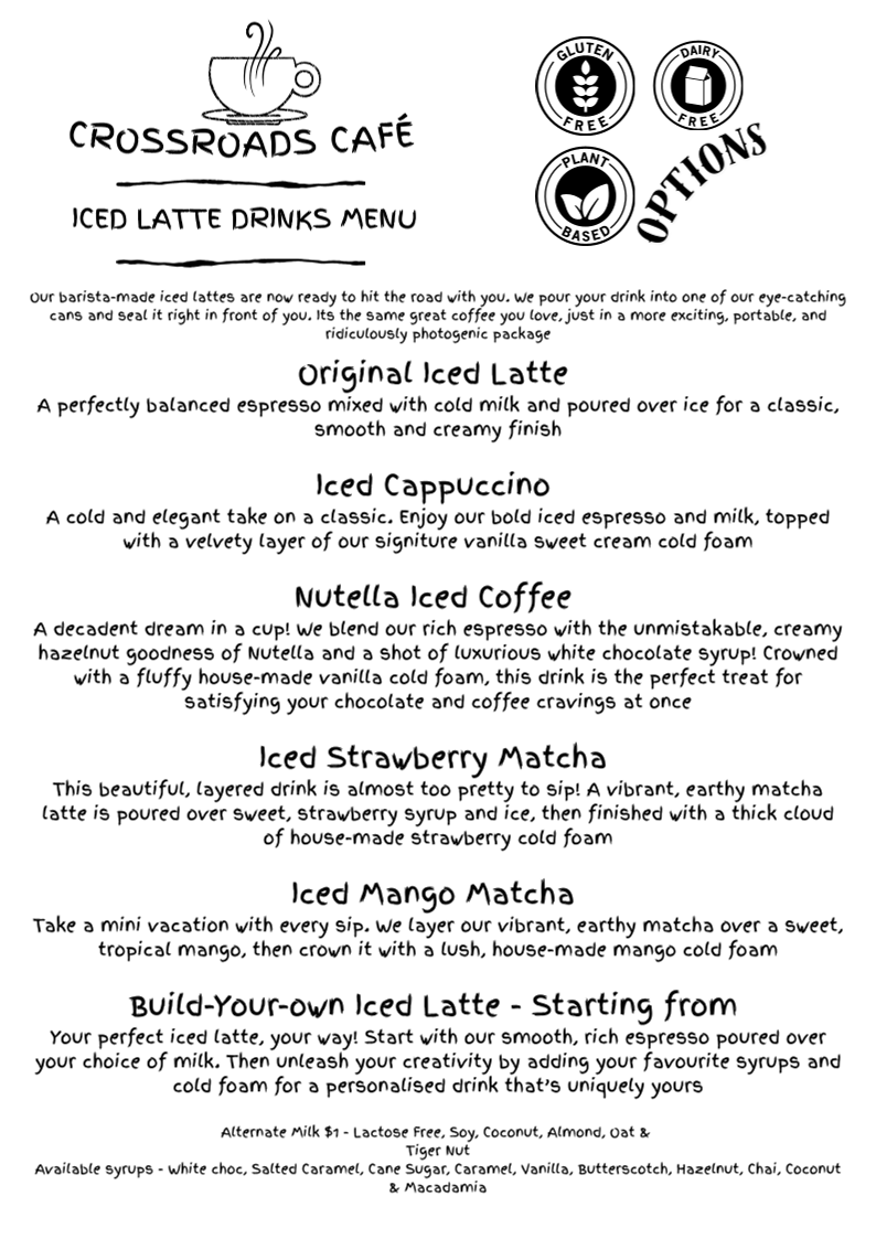 Menu, Crossroads Cafe