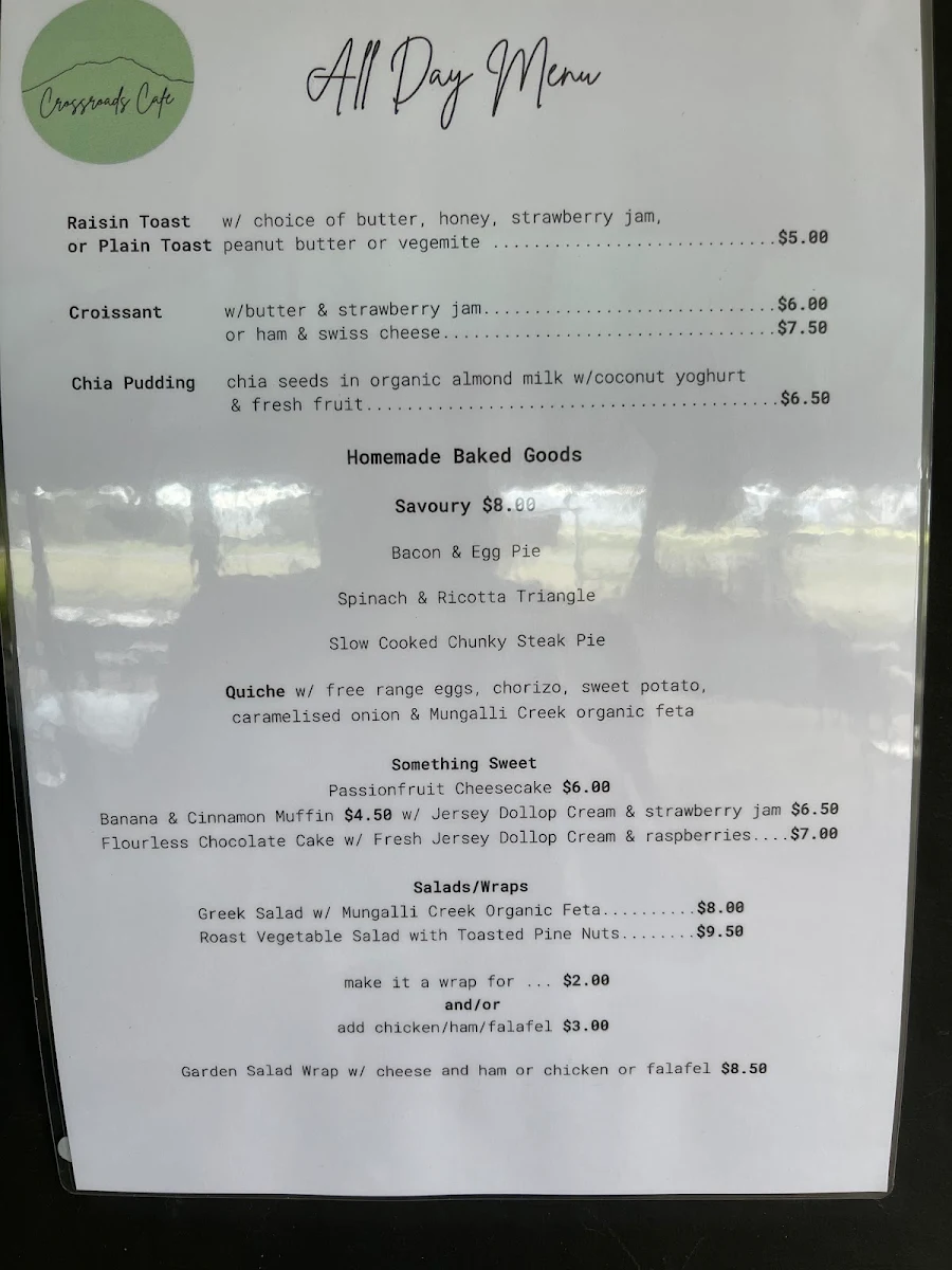 Menu, Crossroads Cafe