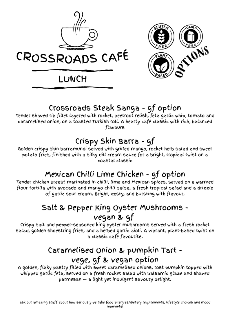 Menu, Crossroads Cafe