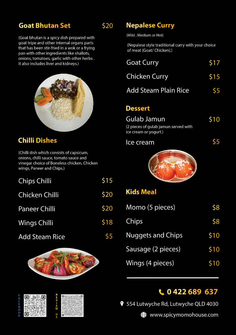 Menu, Spicy Momo & Bar