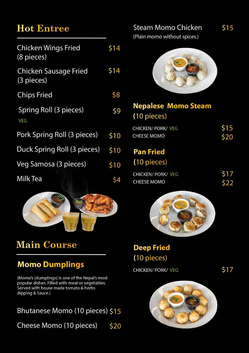 Menu, Spicy Momo & Bar