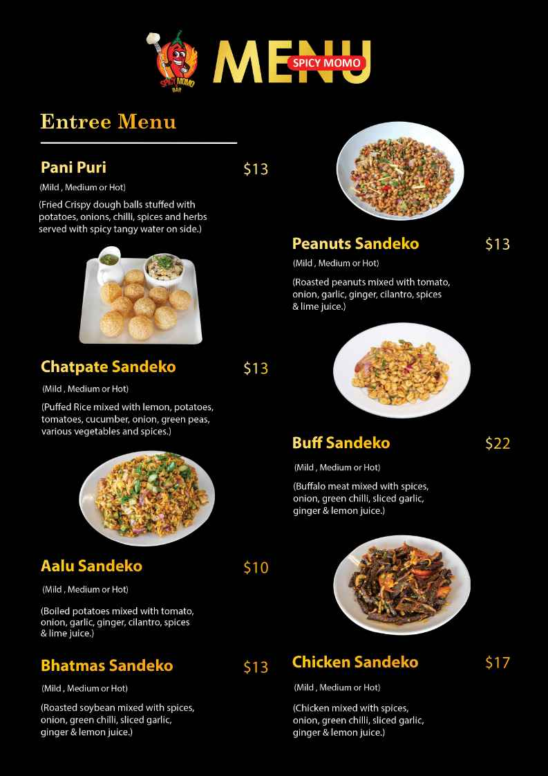 Menu, Spicy Momo & Bar