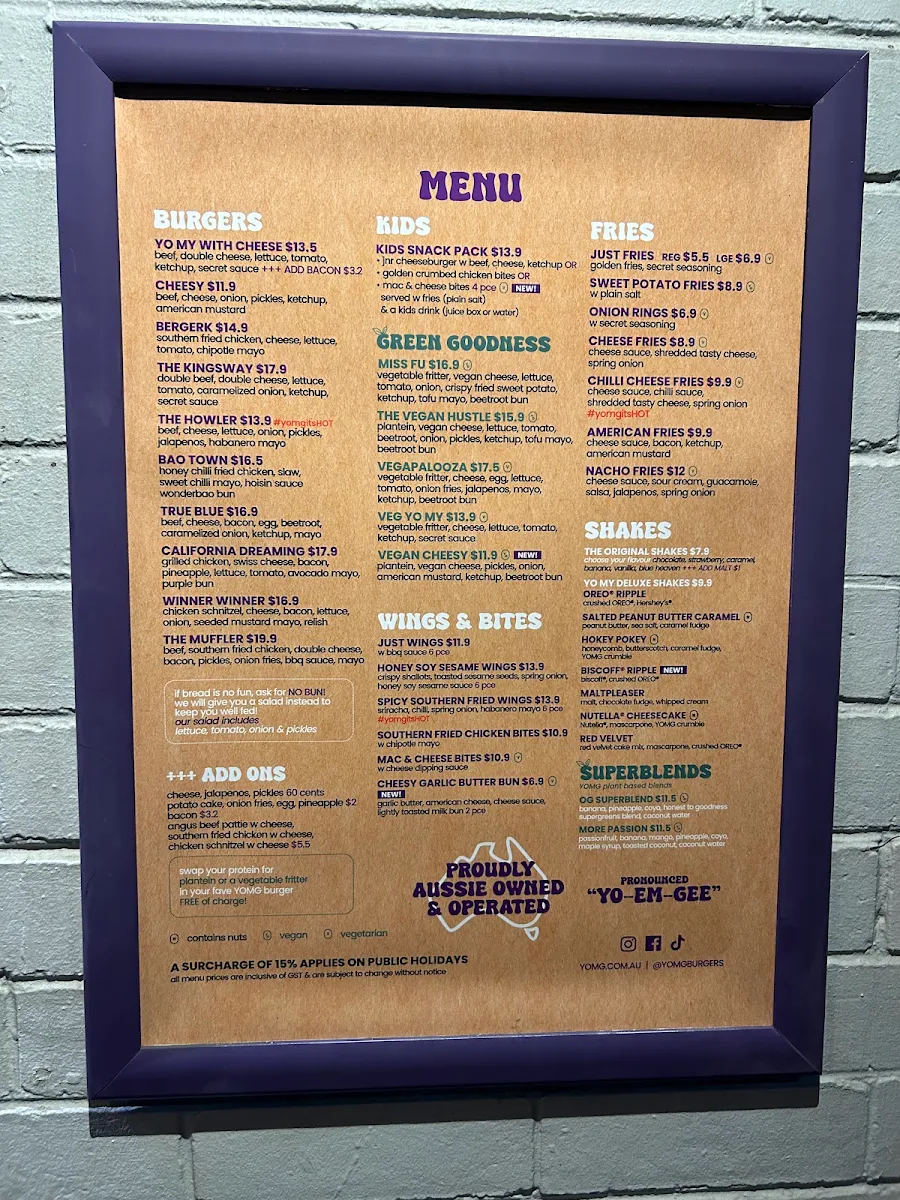 Menu, YOMG Mordialloc