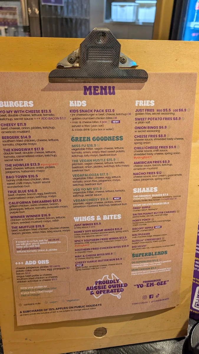 Menu, YOMG Mordialloc