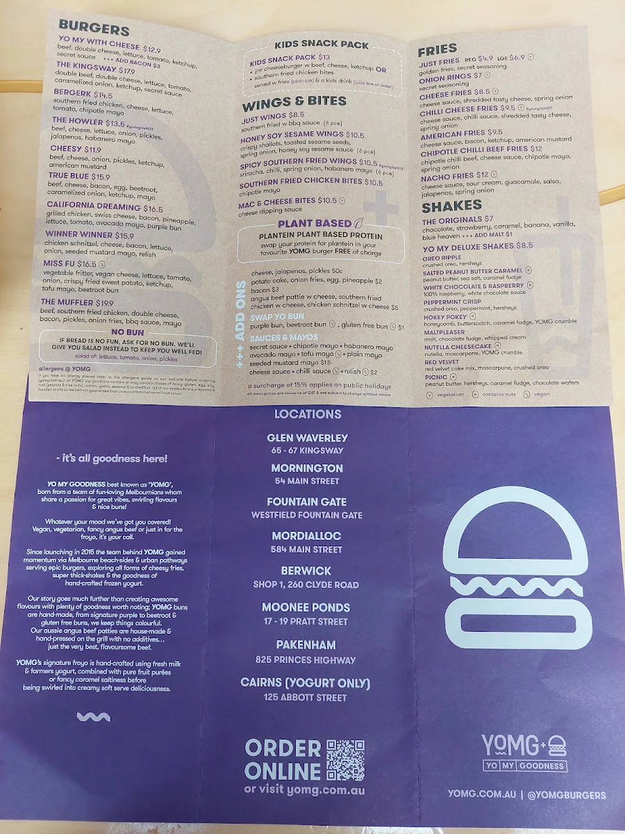 Menu, YOMG Mordialloc