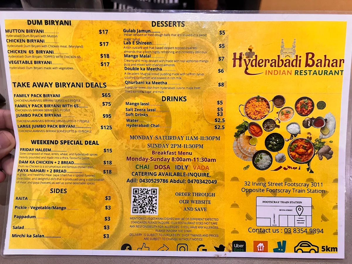 Menu, Hyderabadi Bahar Indian Restaurant