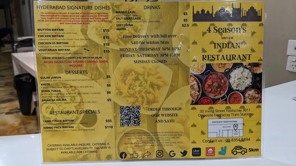 Menu, Hyderabadi Bahar Indian Restaurant
