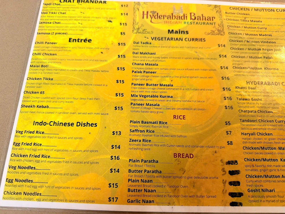 Menu, Hyderabadi Bahar Indian Restaurant