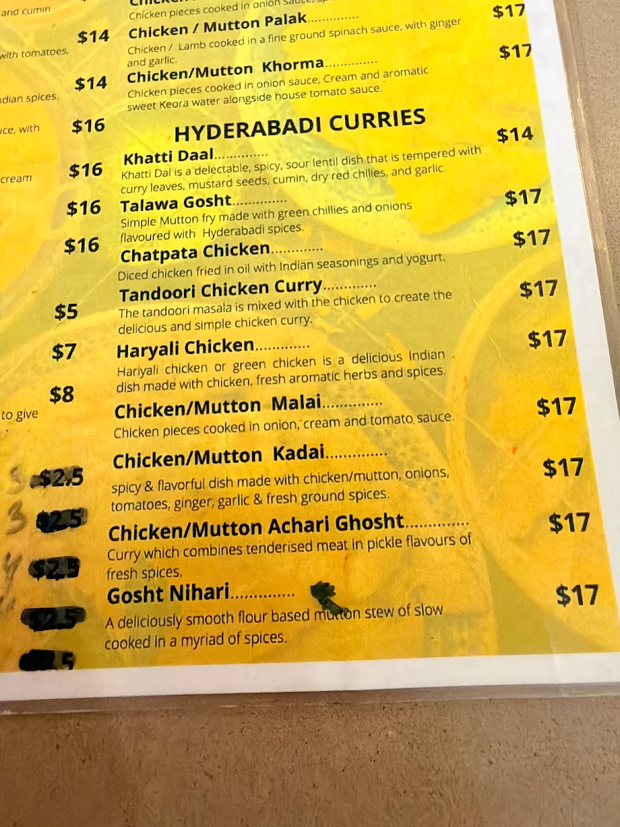 Menu, Hyderabadi Bahar Indian Restaurant