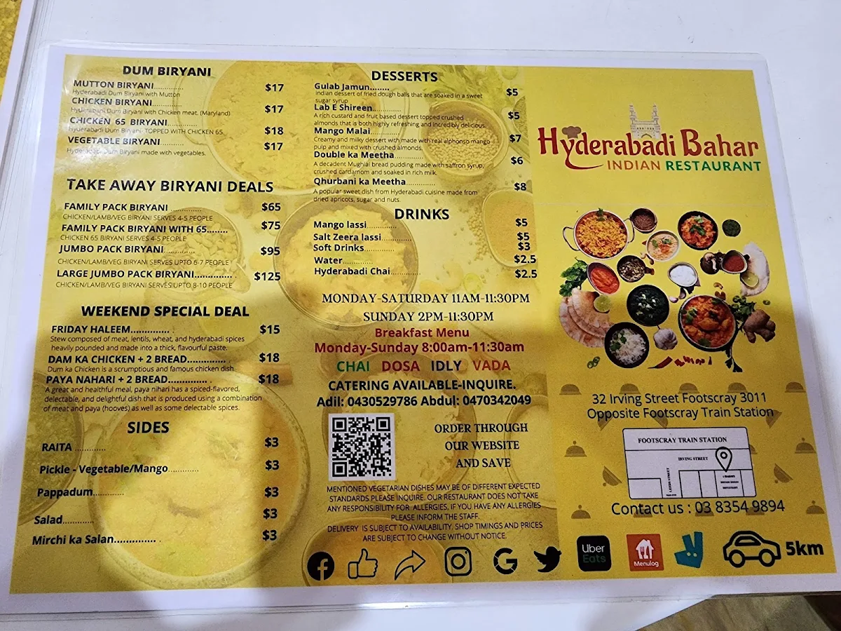 Menu, Hyderabadi Bahar Indian Restaurant