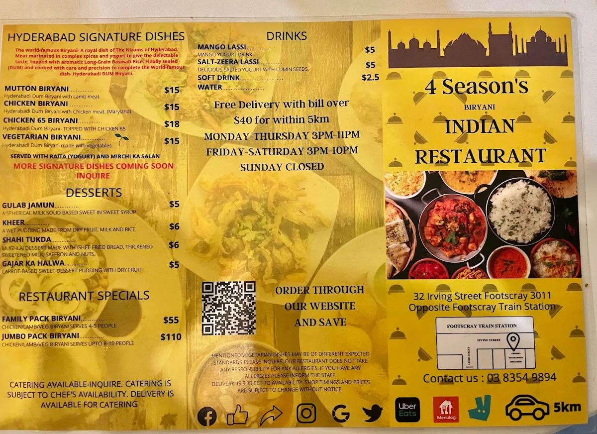 Menu, Hyderabadi Bahar Indian Restaurant