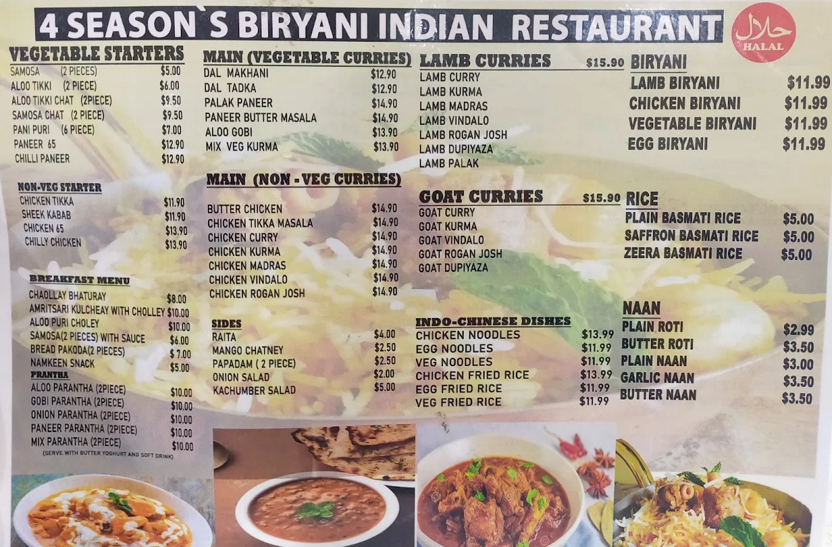 Menu, Hyderabadi Bahar Indian Restaurant