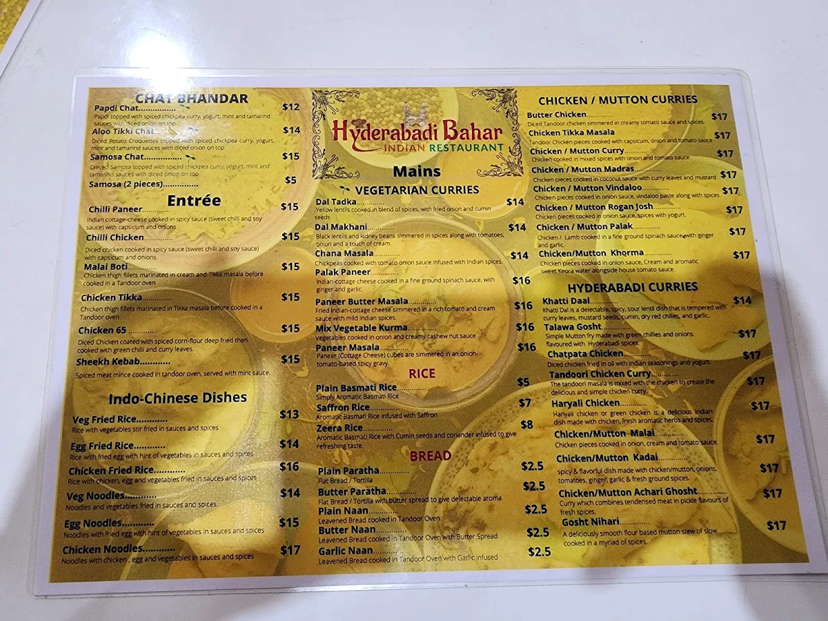 Menu, Hyderabadi Bahar Indian Restaurant