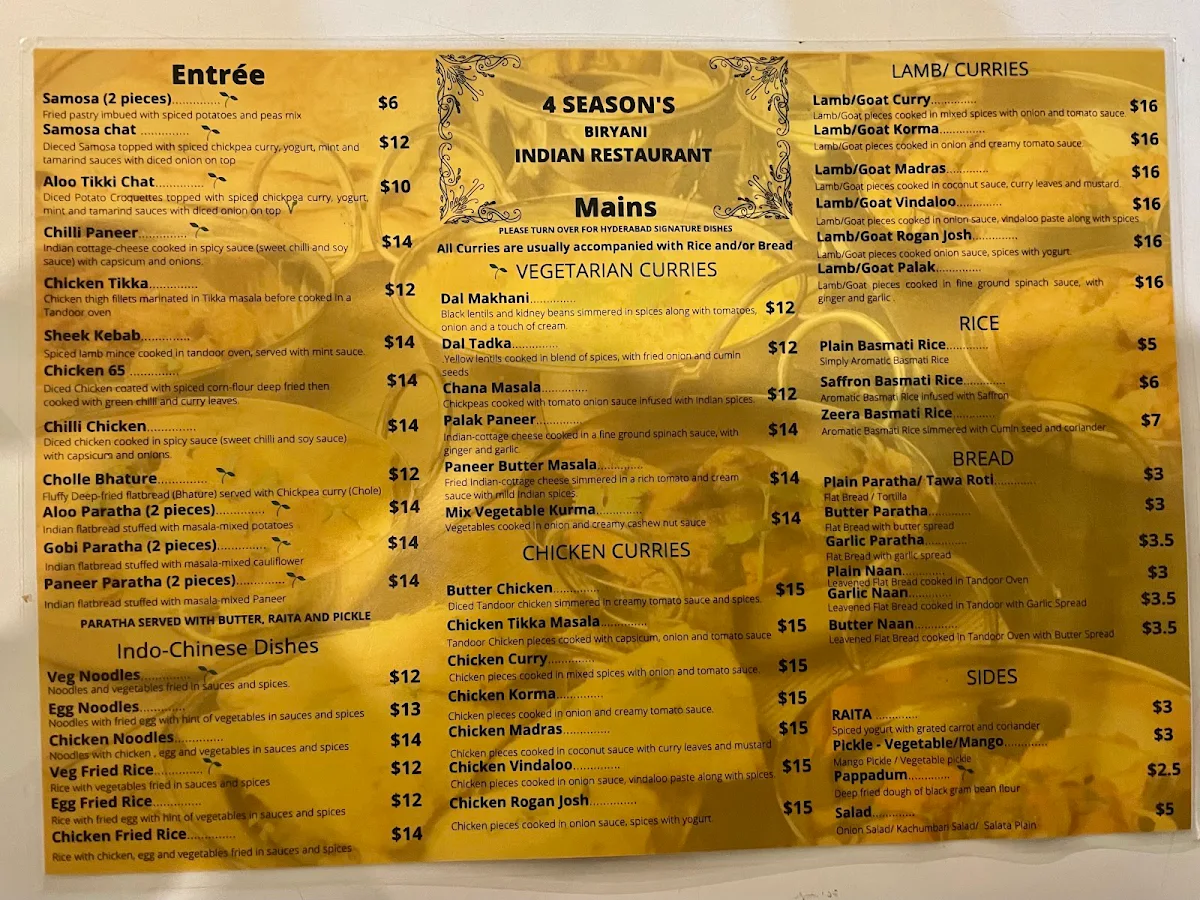 Menu, Hyderabadi Bahar Indian Restaurant