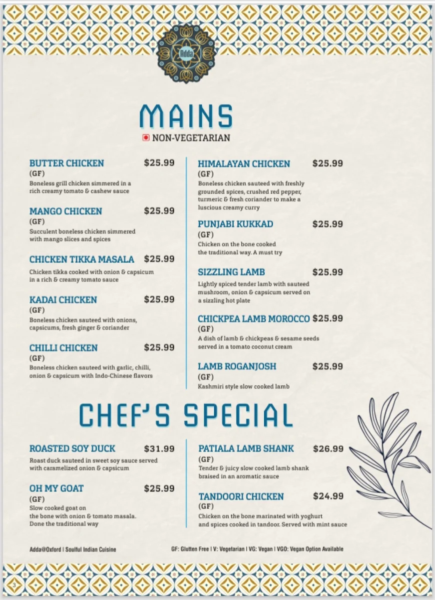 Menu, Adda @ Oxford - Soulful Indian Cuisine