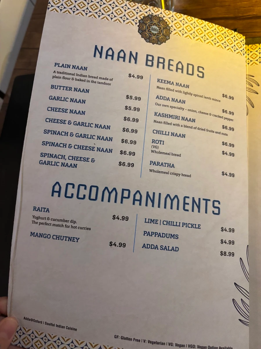 Menu, Adda @ Oxford - Soulful Indian Cuisine