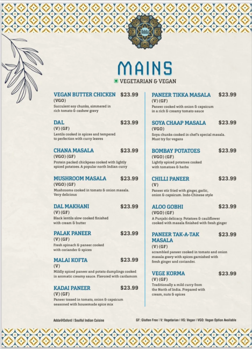 Menu, Adda @ Oxford - Soulful Indian Cuisine