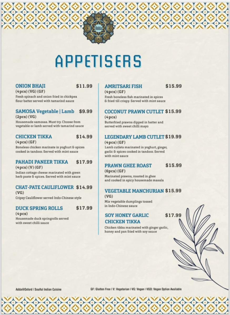 Menu, Adda @ Oxford - Soulful Indian Cuisine