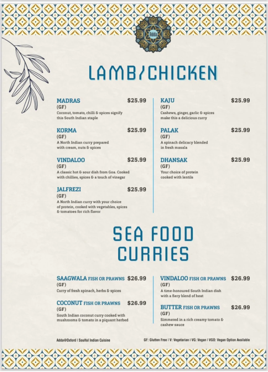 Menu, Adda @ Oxford - Soulful Indian Cuisine