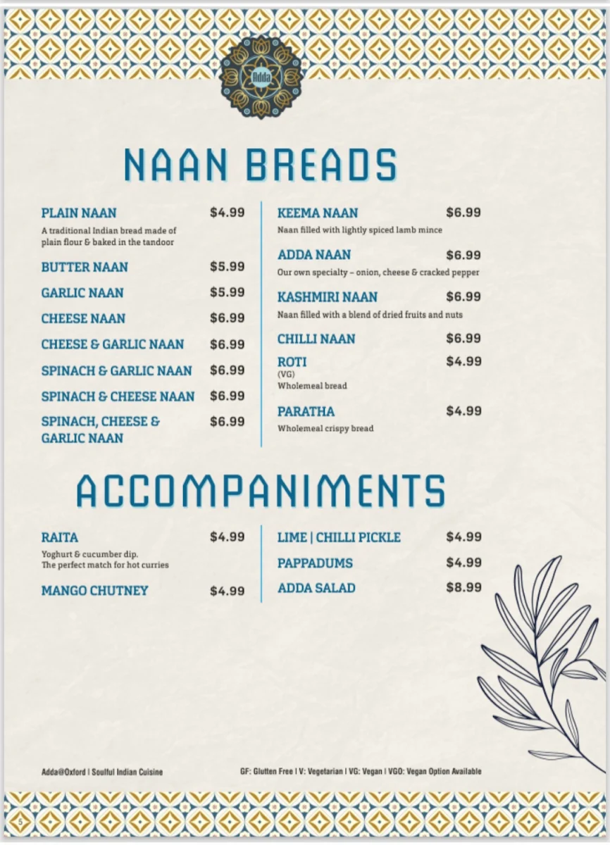 Menu, Adda @ Oxford - Soulful Indian Cuisine