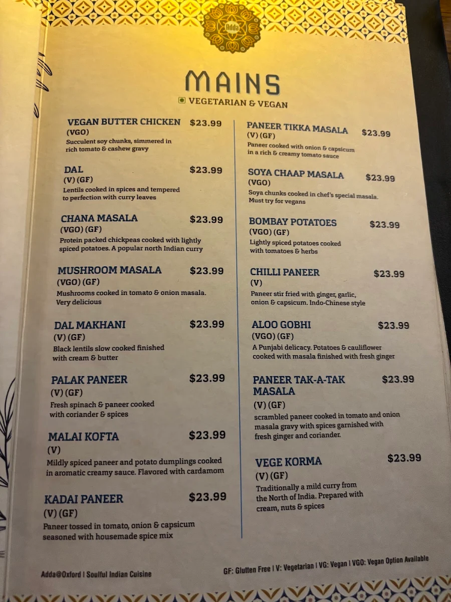 Menu, Adda @ Oxford - Soulful Indian Cuisine
