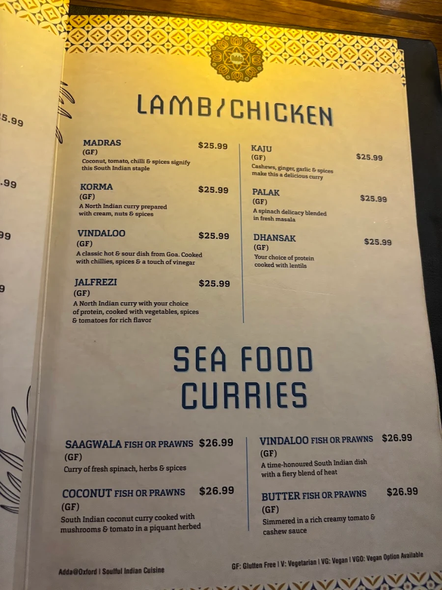 Menu, Adda @ Oxford - Soulful Indian Cuisine