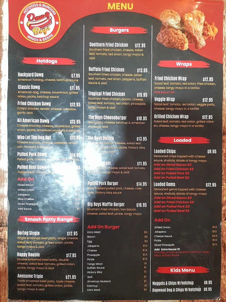 Menu, Dawg Boys Hervey Bay