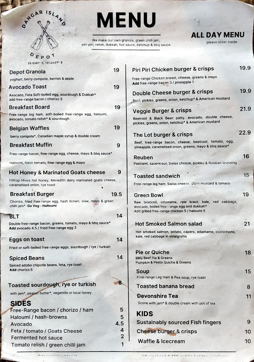 Menu, Dangar Island Depot