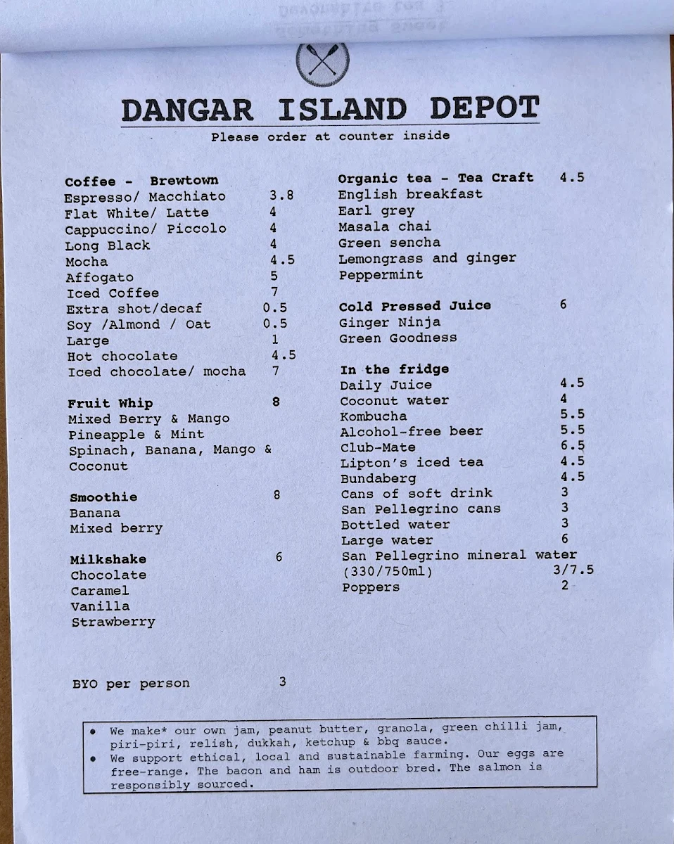 Menu, Dangar Island Depot
