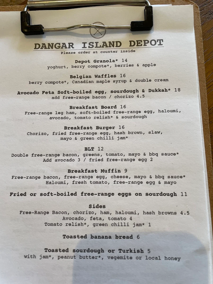 Menu, Dangar Island Depot