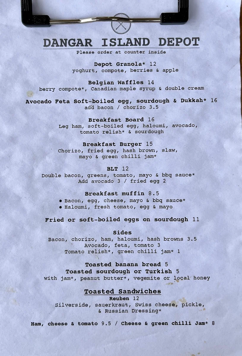 Menu, Dangar Island Depot