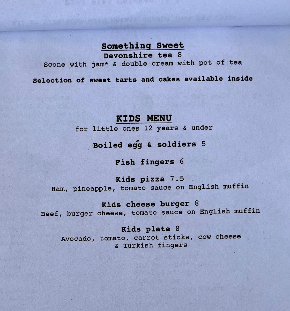 Menu, Dangar Island Depot