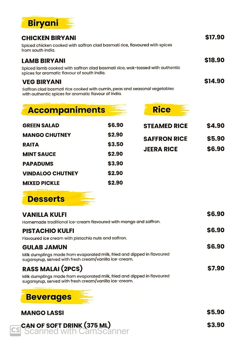 Menu, Tailem Tandoor