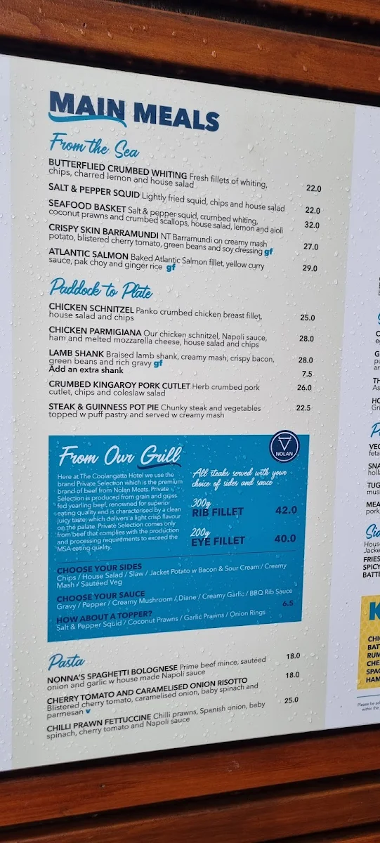 Menu, The Coolangatta Hotel