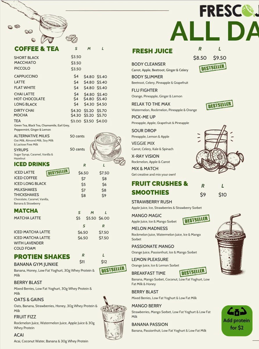 Menu, Fresco Juice Bar Plus
