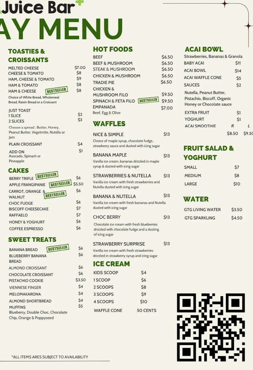 Menu, Fresco Juice Bar Plus