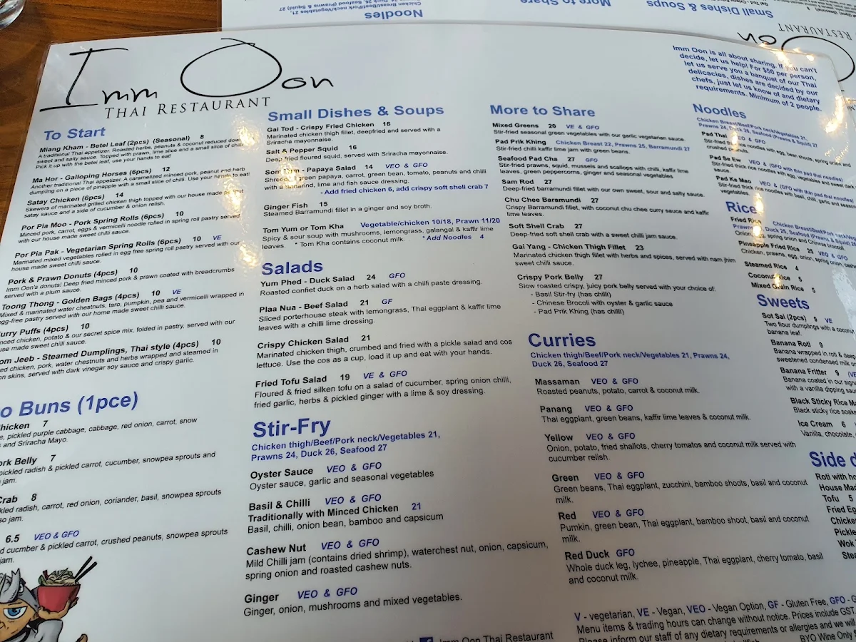 Menu, Imm Oon Thai Restaurant & Bar