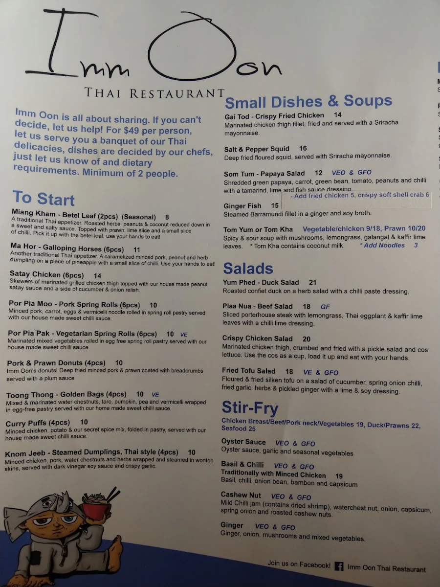 Menu, Imm Oon Thai Restaurant & Bar