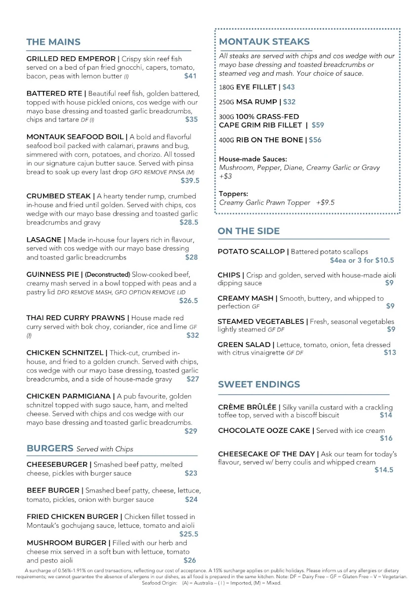 Menu, Montauk Tavern