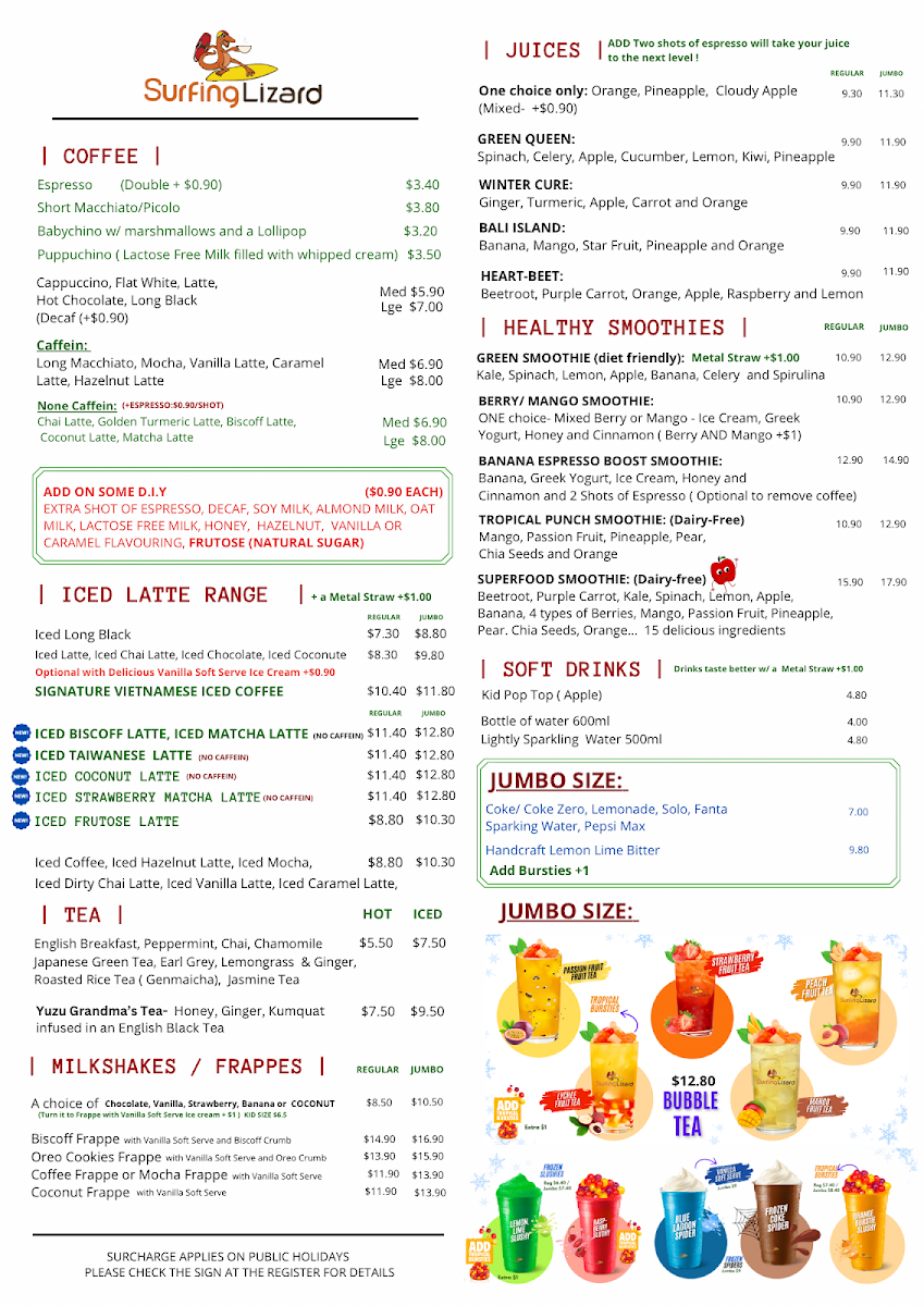 Menu, Surfing Lizard - Secret Harbour