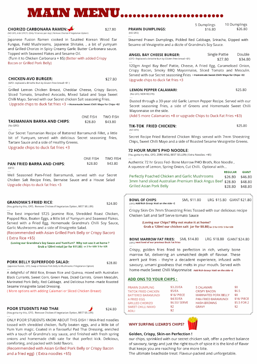 Menu, Surfing Lizard - Secret Harbour