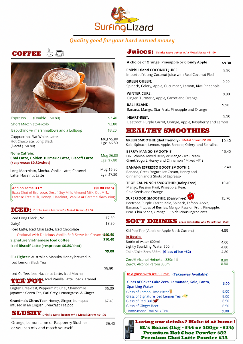 Menu, Surfing Lizard - Secret Harbour