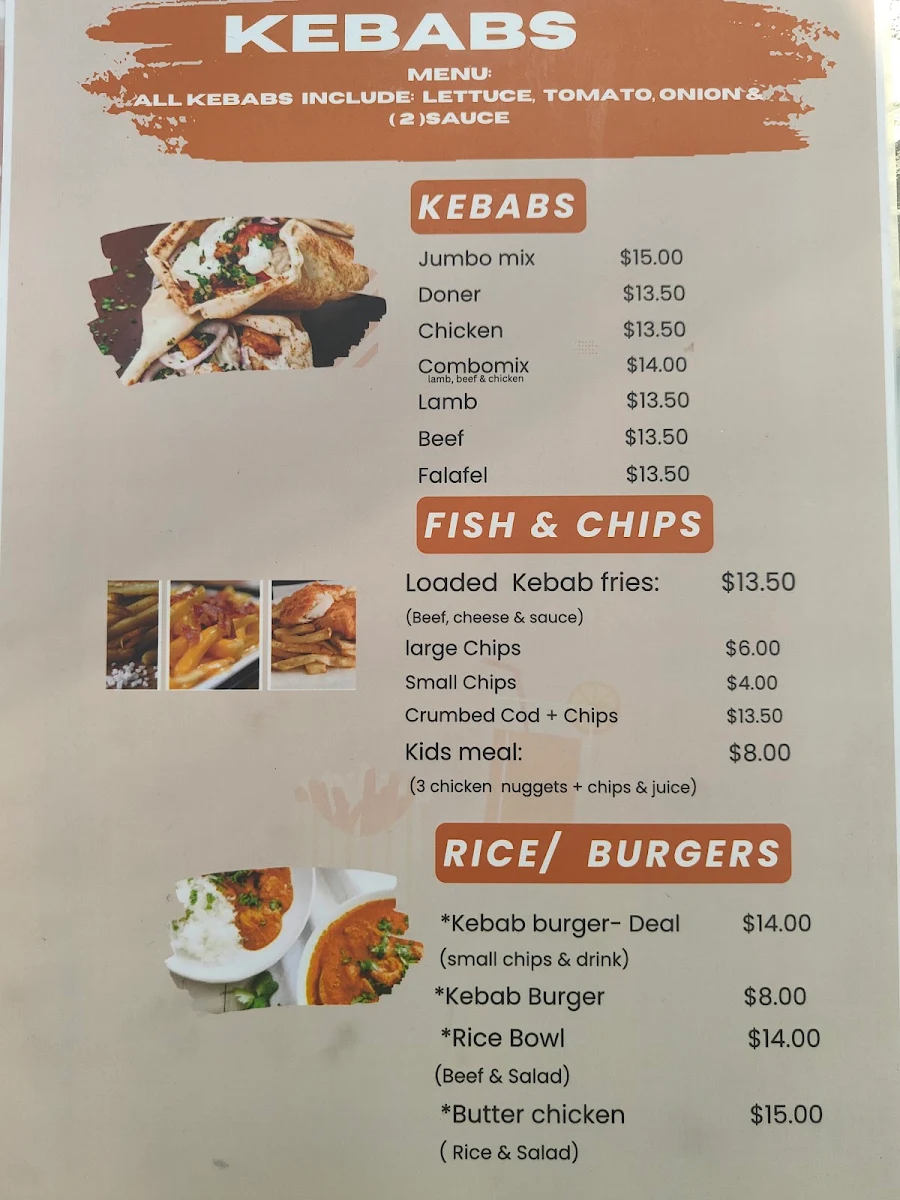 Menu, Mano Kabab Oakey