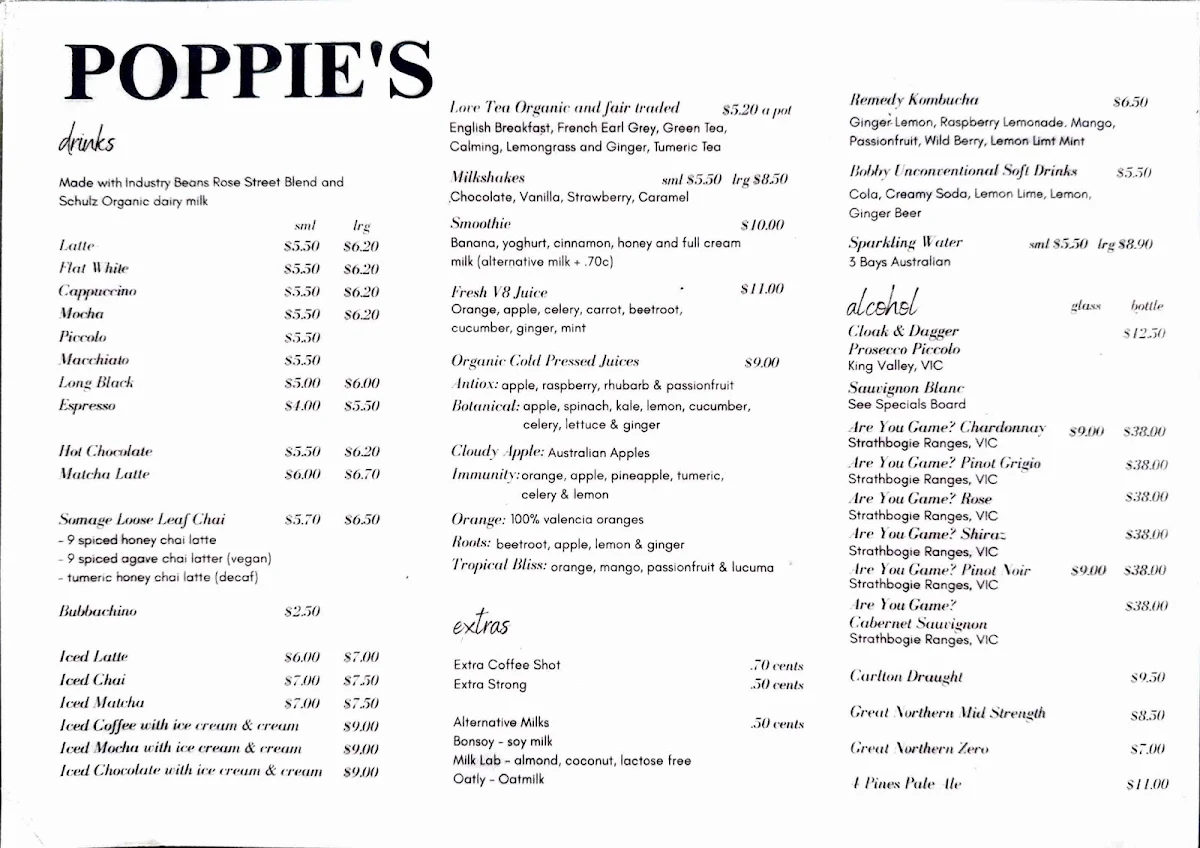 Menu, Poppie's Anglesea