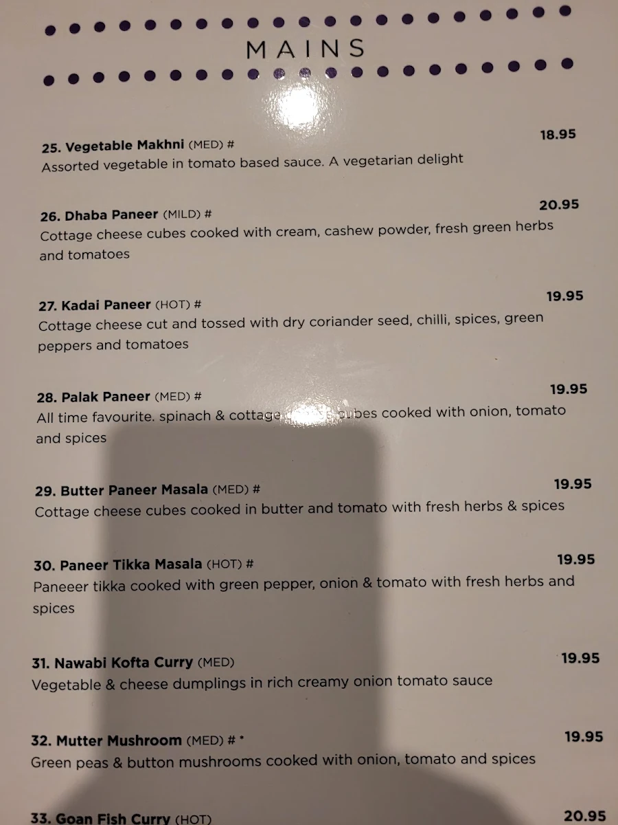 Menu, Dhaba Innaloo