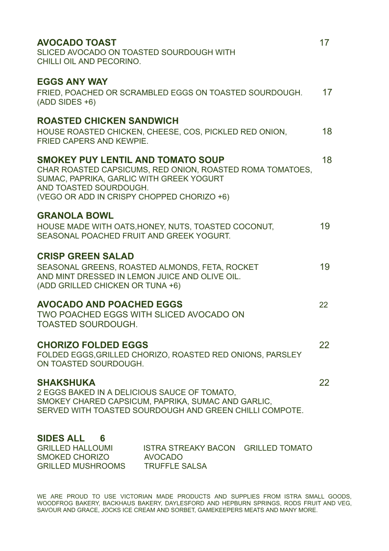 Menu, Tinker Tailor Cafe