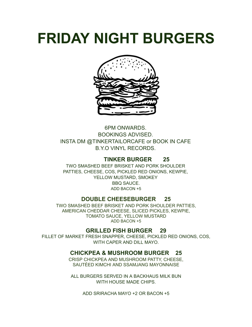 Menu, Tinker Tailor Cafe
