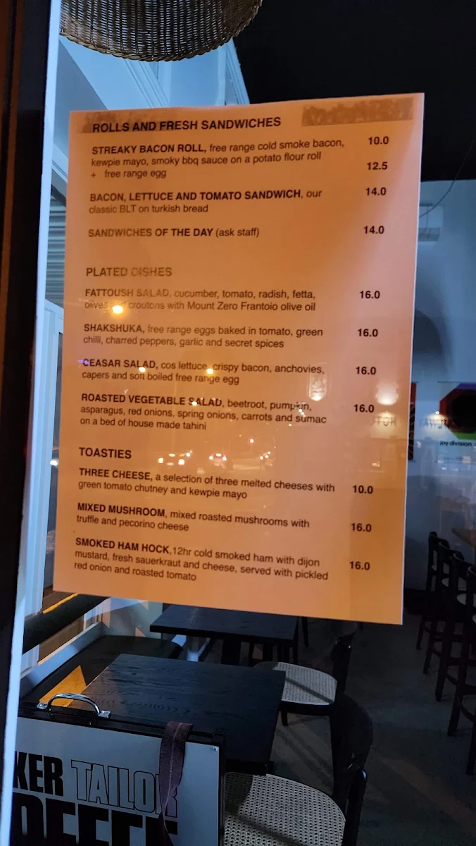 Menu, Tinker Tailor Cafe