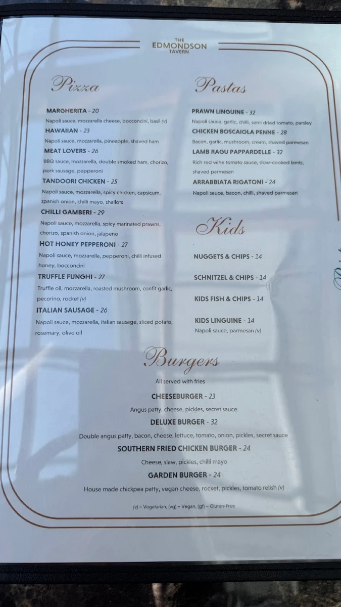 Menu, The Edmondson Tavern